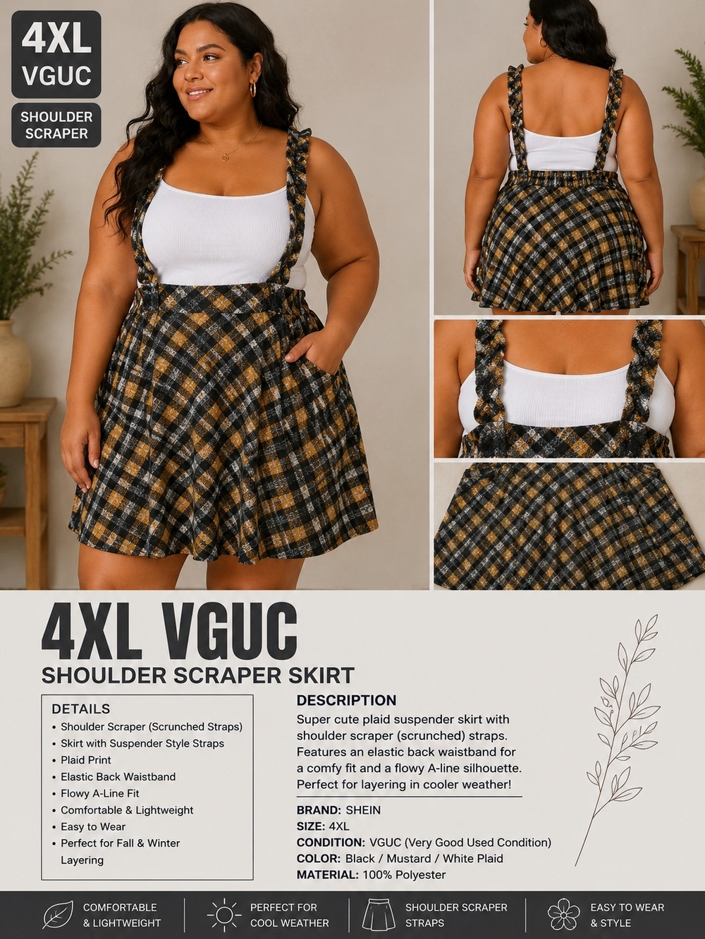 SHEIN Black Mustard Plaid Suspender A-Line Skater Skirt